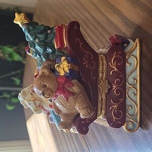 Porcelain Teddy Bear Sleigh Hinged Trinket Box